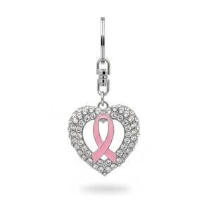 Heart Shaped Crystal Keychain with Pink Breast Cancer Ribbon